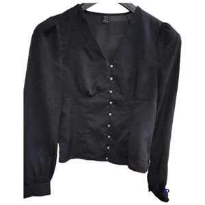 Shein Vneck Corset-Look Blouse with Gold Button Long Sleeve Size 4 Black